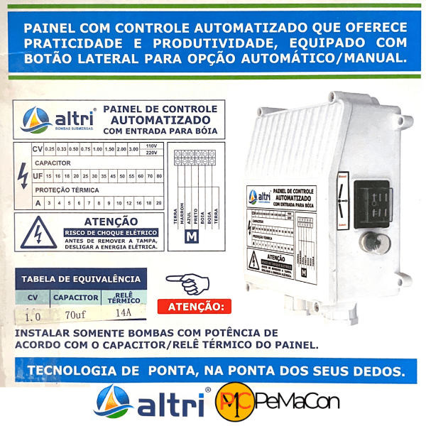 Altri Painel Box Para Bomba de Poço Com Entrada Para Boia 3 fios 1.00cv Mono 110v 70uf 14A