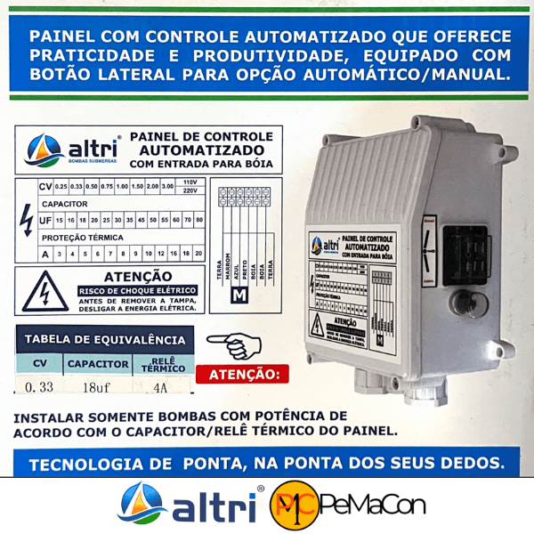 Altri Painel Box Para Bomba de Poço Com Entrada Para Boia 3 fios 0.33cv Mono 220v 18uf 4A