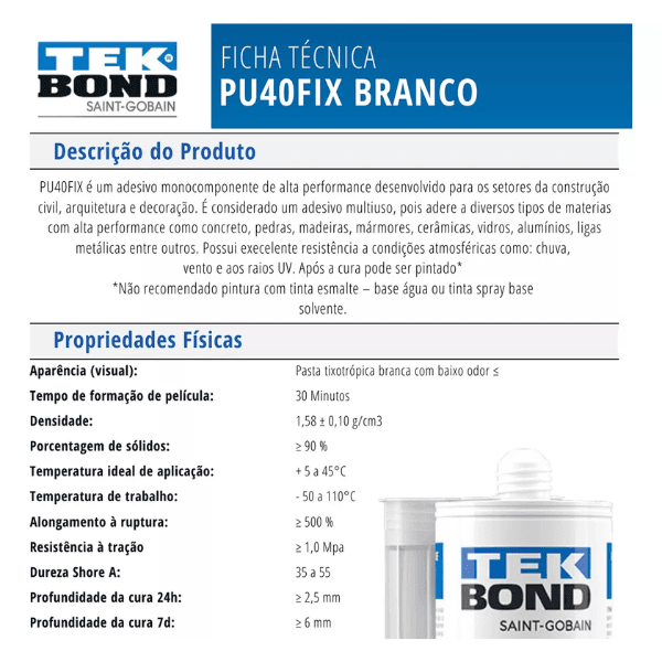 Cola Adesivo Multiuso Pu40 Fix Selante Branco 387g/280ml – Tekbond