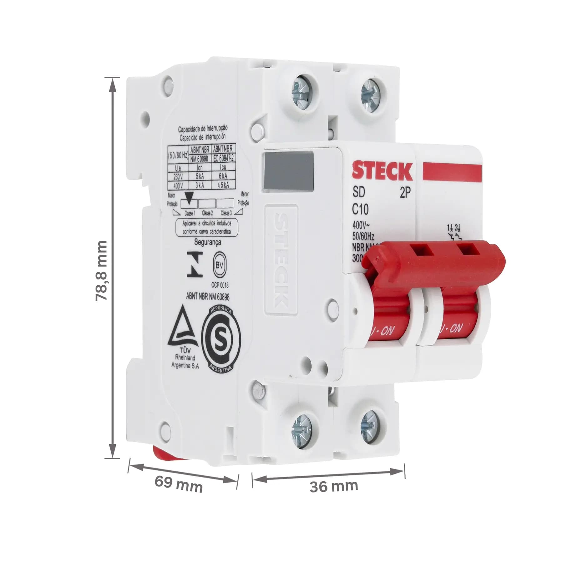 Disjuntor DIN Bipolar Curva C 10A Steck SDD62C10