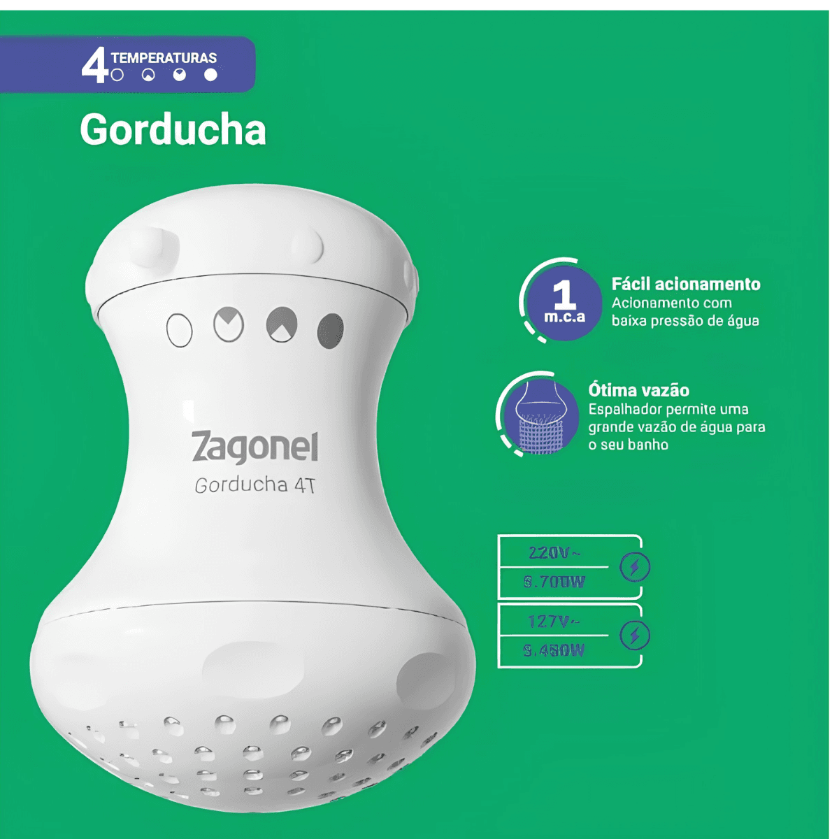 Ducha Gorducha 4 Temperaturas 5700W 220V Branca com Cano Zagonel