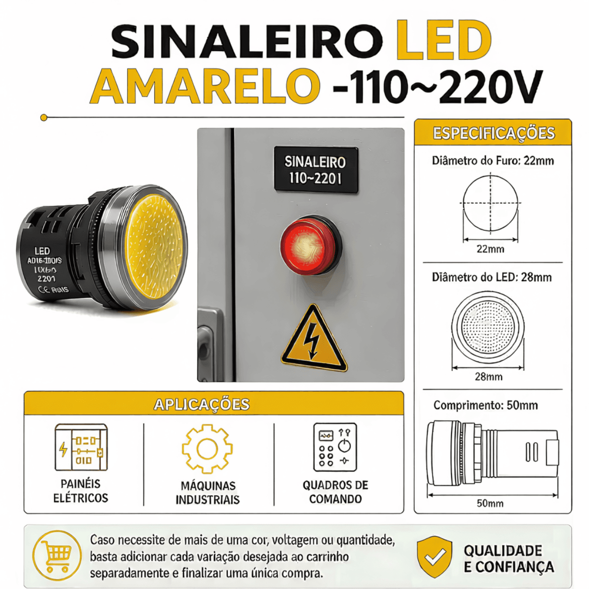 Sinaleiro Led Amarelo 22mm Monobloco- 110~220v Bivolt