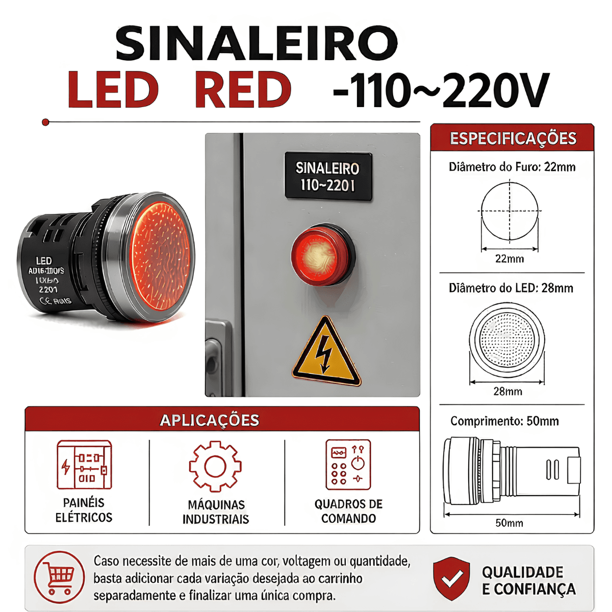 Sinaleiro Led Vermelho 22mm Monobloco- 110~220v Bivolt