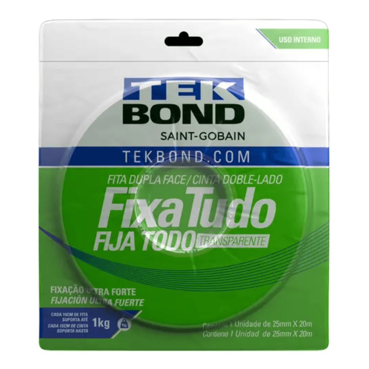 Fita Dupla Face Acrílica Transparente Fixa Tudo Uso Interno 25mm x 20m Tekbond