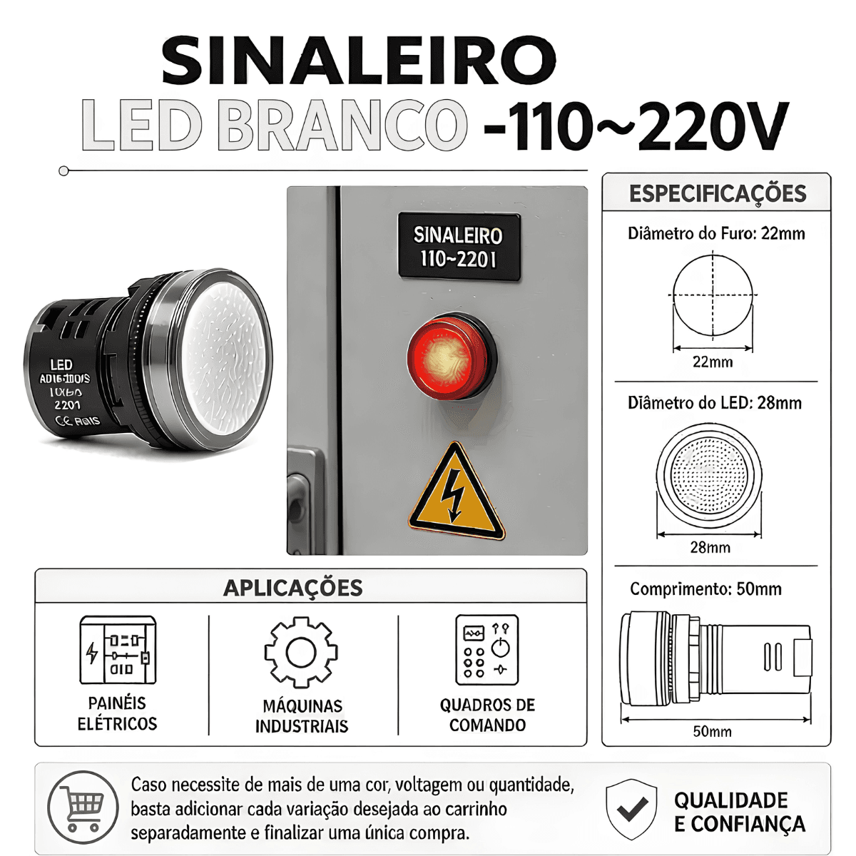 Sinaleiro Led Branco 22mm Monobloco- 110~220v Bivolt