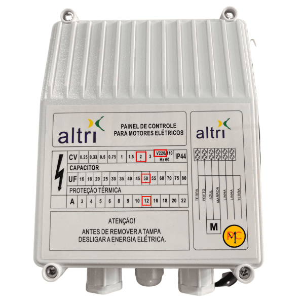 Altri Painel Box Para Bomba de Poço Com Entrada Para Boia 3 fios 2.00cv Mono 220v 50uf 12A