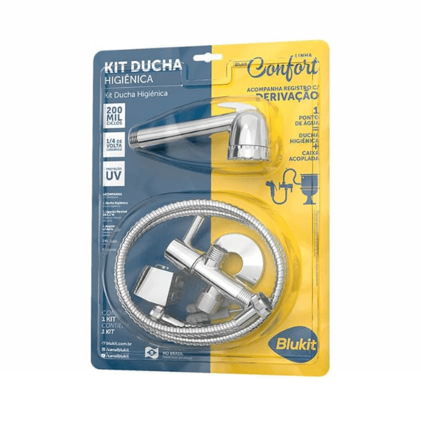 Kit Ducha Luxo Cromado C/ Crivo Cromado / Registro C/ Derivação ABS / Flexível Inox 1,20m Blister – Blukit