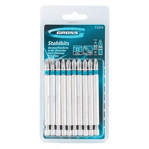 Kit 10 Bits 90mm Phillips Ponta e Encaixe 1/4 Pol Ph2 Gross