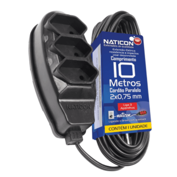 Extensão Elétrica Tripla Paralela 2×0,75 Preta 10m 562 – Naticon