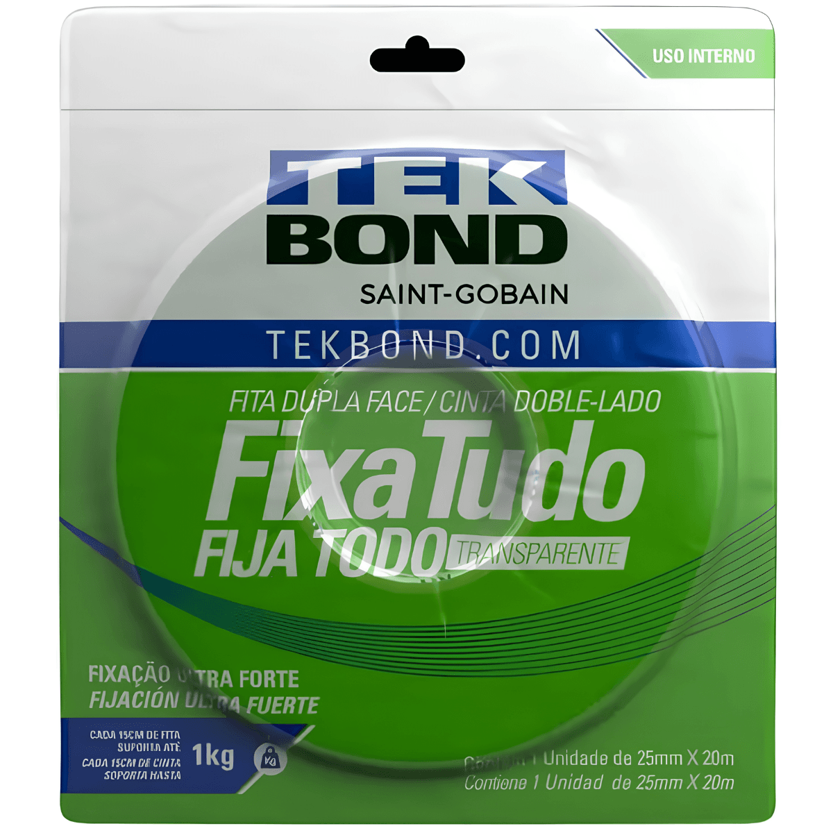 Fita Dupla Face Acrílica Transparente Fixa Tudo Uso Interno 25mm x 20m Tekbond