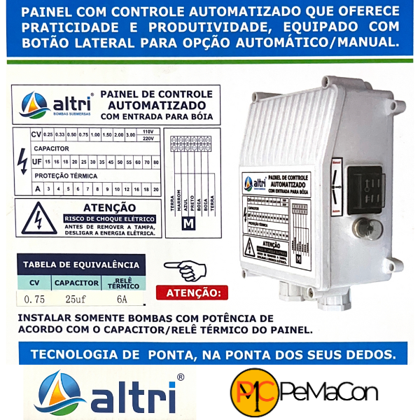 15228865112-15207596397-3.png Altri Painel Para Bomba de Poço Com Entrada Para Boia 3 fios 0.75cv Mono 220v 25uf 6A - Imagem 2