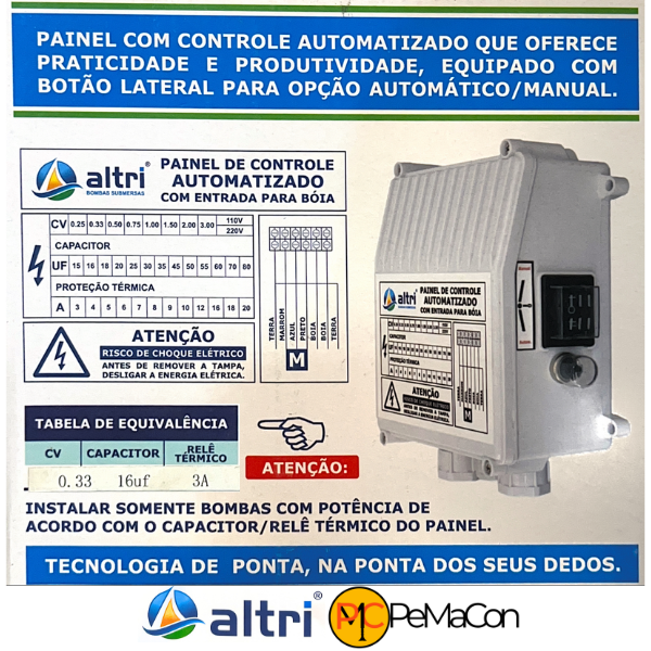 Altri Painel Para Bomba de Poço Com Entrada Para Boia 3 fios 0.33cv Mono 220v 16uf 3A - Imagem 3