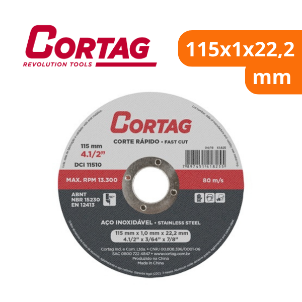15344466767-disco-de-corte-inox-115x1-0x22-22mm-61825-cortag-campo-limpo.png Disco De Corte Inox 115x1,0x22,22mm 61825 - Cortag - Imagem 2