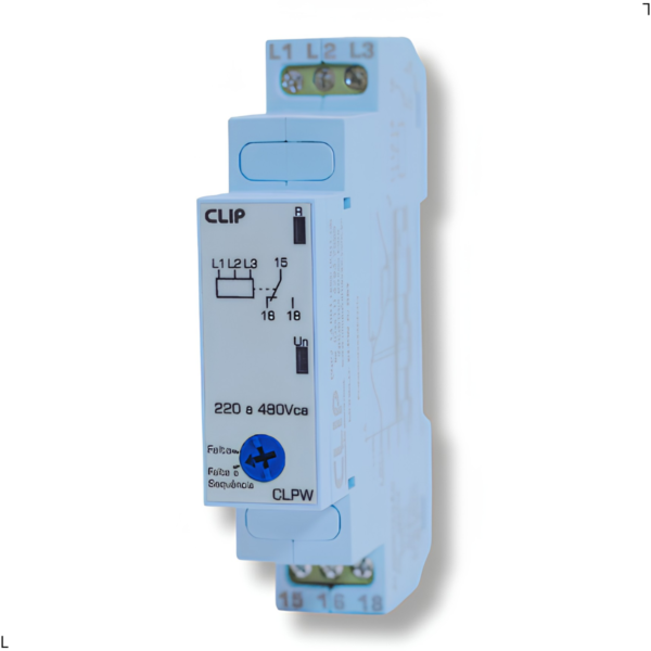 Monitor de Tensão Trifásico Clip CLPW, Falta, Sequência e Assimetria de Fase, 220–480Vca, Sem Retardo